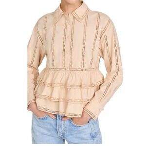 Ulla Johnson Harper Blouse Peach Eyelet Ruffle Tiered Cotton Poplin Top Womens